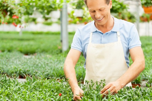 Professional gardener reviewing payment and service terms